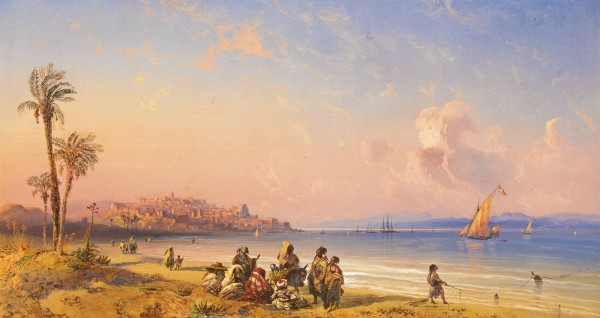 Seascape with boats and figures along the Italian coast by Carlo Bossoli